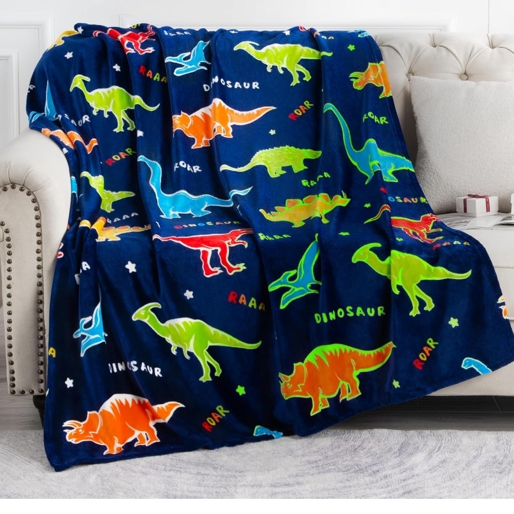 GLOW in the Dark, PLUSH Dinosaur Throw Blanket - Navy Blue